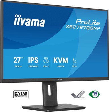 IIYAMA Monitor ProLite XB2797QSNP-B1 / 27", 2560 x 1440, IPS, 75 Hz, 1 ms, HDMI, DisplayPort, USB-C, crna